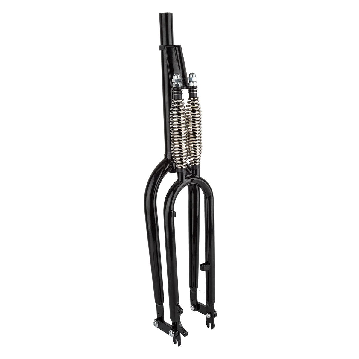 Deluxe Springer Replica Fork for Bikes featuring a sleek black metal frame and close-up of intricate metal tubing, ideal for vintage 26 beach cruisers, lowriders, or wheelie bikes.