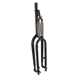 Deluxe Springer Replica Fork for Bikes featuring a sleek black metal frame and close-up of intricate metal tubing, ideal for vintage 26 beach cruisers, lowriders, or wheelie bikes.