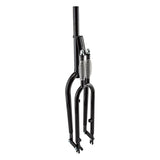 Deluxe Springer Replica Fork for Bikes, showcasing a black bicycle frame with a chrome spring, designed for vintage 26 beach cruisers, lowriders, or wheelie bikes, compatible with disc and drum brakes.