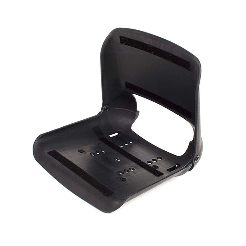 17 Molded Seat Back & Base for Go-Go Go-Chair, Jazzy Select Traveller, Jazzy Zero Turn, Pride Revo, & Pride Zero Turn 10, featuring black plastic construction with black straps, perfect for mobility scooters.