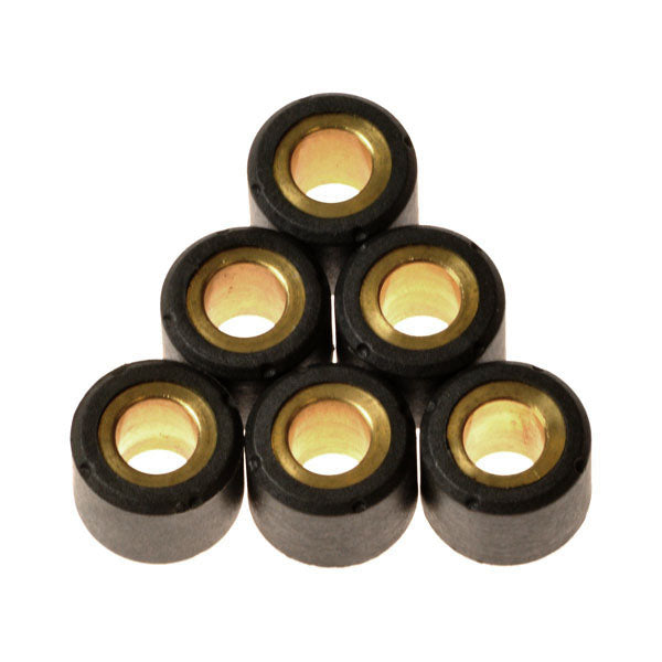 17x12 Prima Roller Weights for scooter tuning, shown in a close-up of multiple black and gold cylindrical rollers, enhancing performance by adjusting acceleration and top speed based on weight preferences.