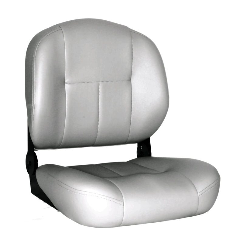 Medium-Back Vinyl Seat Assembly for Jazzy Power Chairs featuring a white seat with black armrests, a black frame, and a close-up of the seat back and pinchless hinge assembly.