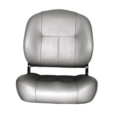 Medium-Back Vinyl Seat Assembly for Jazzy Power Chairs showing a grey seat with a medium back and pinchless hinge assembly, excluding armrest receiver bars and seat frame.