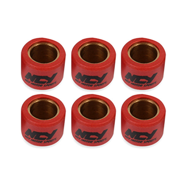 18x14 Roller Weights for Scooters and Motorcycles, displayed as multiple red tape rolls with black text, indicating their high quality and use in tuning scooter performance.