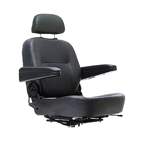 18x18 High Back Black Vinyl Deluxe Seat Assembly for Pride Victory Sport, featuring a headrest, urethane padded armrests, and a complete assembly with all necessary hardware for easy installation.