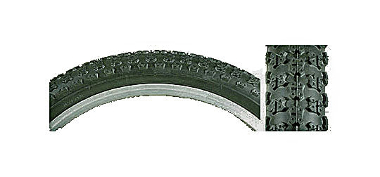 Close-up of the 18x2.125 Black MX3 Bicycle Tire with K50 Tread, highlighting the detailed tread pattern and durable casing designed to prevent pinch flats.