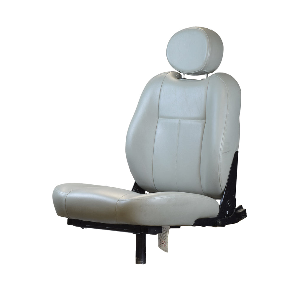 18X20 Hi-Back Deluxe Contour Vinyl Seat Assembly for Pride Scooters and Jazzy Power Chairs, featuring a white seat with headrest, armrests, and pinchless seat hinges, shown pre-assembled.