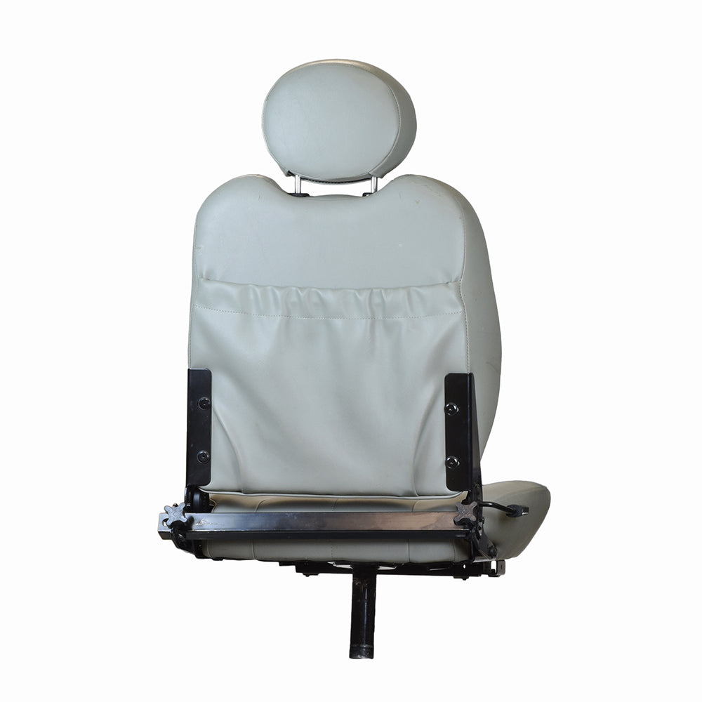 18x20 Hi-Back Deluxe Contour Vinyl Seat Assembly for Pride Scooters and Jazzy Power Chairs (Used), featuring a high-back white leather seat with headrest and adjustable, pinchless seat hinges.