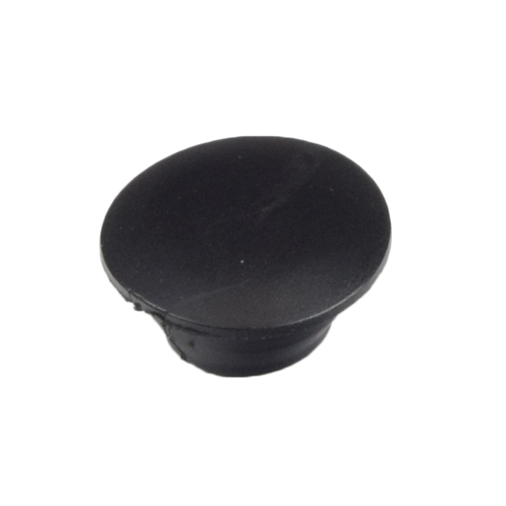 19 mm x 15 mm Black Plastic End Cap for Jazzy, Jet, & Quantum Power Chairs, featuring a round shape with a slight crack, designed to protect joystick arm ends from rain, dirt, and dust.