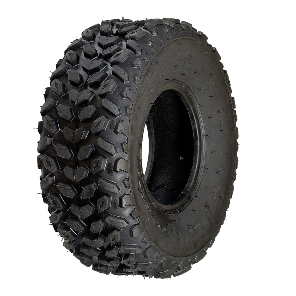 19x7.00-8 Tire with QD112 Knobby Tread for Baja Mini Bikes MB165 & MB200, ATVs, & Go Karts; features a close-up of the tire's robust tread pattern and central hole.