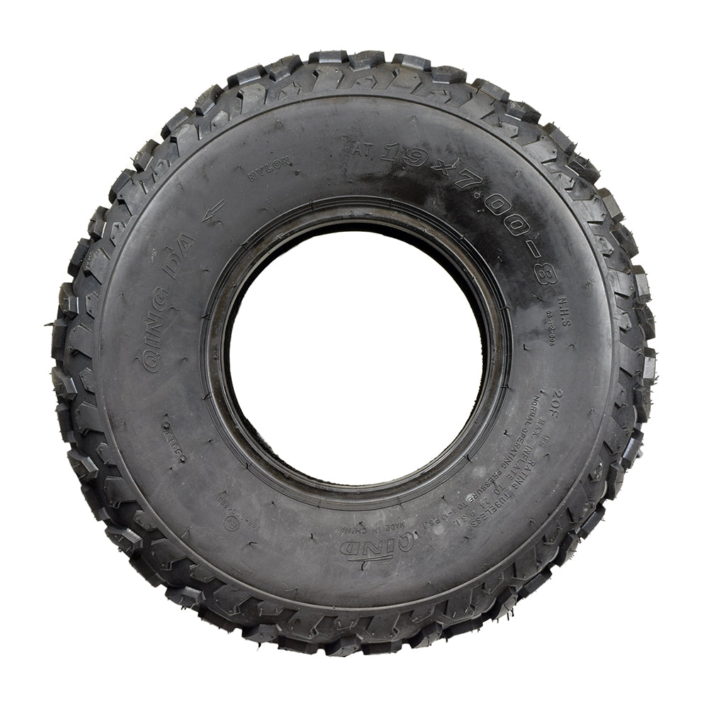 19x7.00-8 Tire with QD112 Knobby Tread for Baja Mini Bikes MB165 & MB200, ATVs, & Go Karts, showcasing its durable knobby tread pattern designed for all-terrain performance.