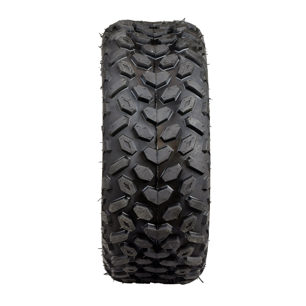 19x7.00-8 Tire with QD112 Knobby Tread for Baja Mini Bikes MB165 & MB200, ATVs, & Go Karts showing a close-up of the black, diamond-patterned tread, ideal for all-terrain use.