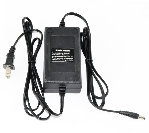 24 Volt 1.0 Amp 2.1mm ID Coaxial Battery Charger, featuring a black power cord and a black rectangular adapter with white text.