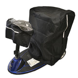 Two-Piece Seat & Tiller Cover Set shown on a blue and black mobility scooter, featuring a black seat cover and a clear tiller cover for moisture protection.