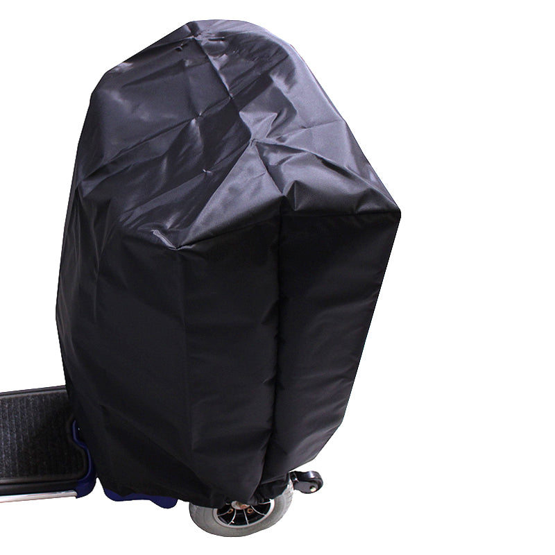 Two-Piece Seat & Tiller Cover Set for mobility scooters shown on a cart, featuring a black cover combination designed to protect the seat and tiller from moisture and damage.