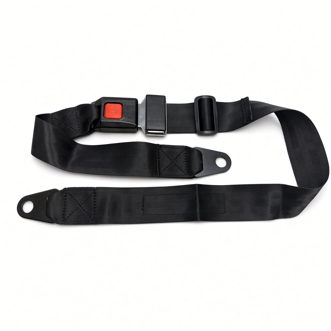 Adjustable 2-point power chair seat belt with red push-button buckle, slide adjuster and steel eyelet ends