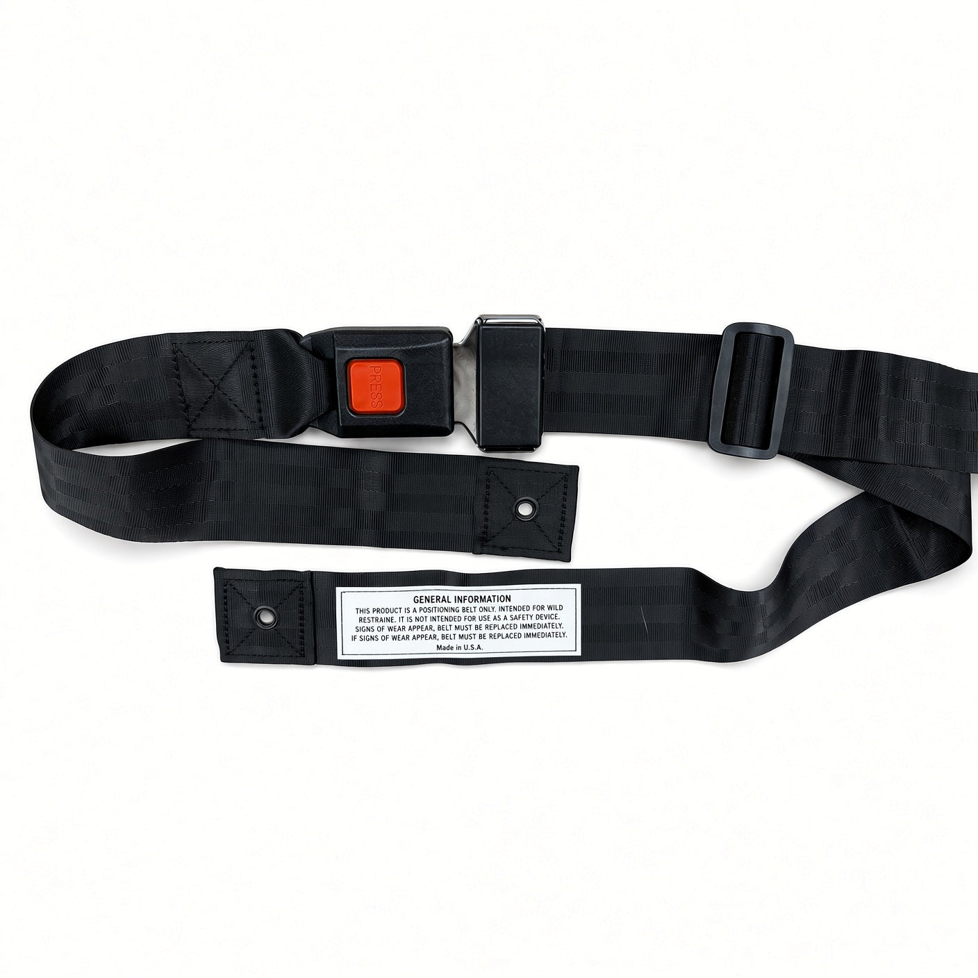 Adjustable 2-point wheelchair positioning belt with red push-button buckle, slide adjuster and grommet mounting ends