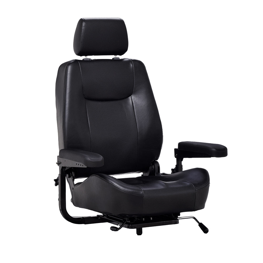 20 Seat Assembly for the ActiveCare Pilot, Prowler, and Osprey Mobility Scooters featuring a black leather seat with armrests, full back captain's seat, and headrest.