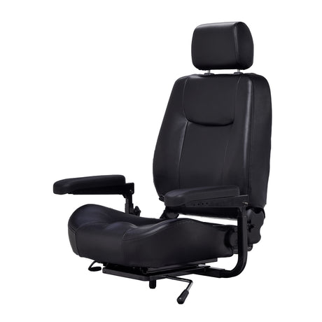 20 Seat Assembly for the ActiveCare Pilot, Prowler, and Osprey Mobility Scooters featuring a full back captain’s seat with armrests, leather headrest, and complete seat assembly including back, base, and hinges.