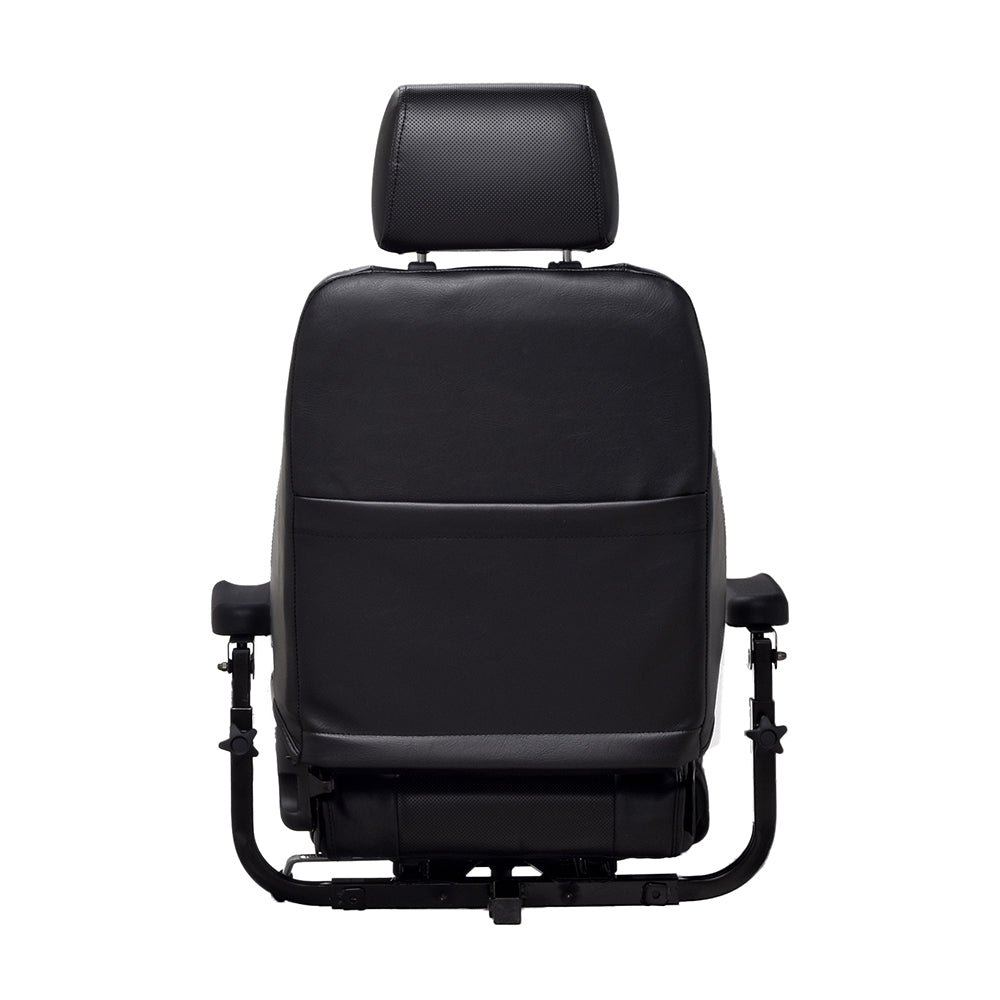 20 Seat Assembly for the ActiveCare Pilot, Prowler, and Osprey Mobility Scooters, featuring a black chair with armrests, full back, base, hinges, and headrest.