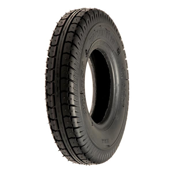 8x2 (200x50) Black Pneumatic Mobility Tire with Knobby Tread, featuring a durable design, central hole, and close-up view highlighting the tread pattern, ideal for mobility scooters and power chairs.