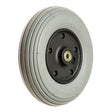 200x50 Foam-Filled Caster Wheel Assembly for Rascal 318PC, featuring a close-up of the black rim and silver circular design. Ideal for front caster replacement, offering affordability and a perfect fit.