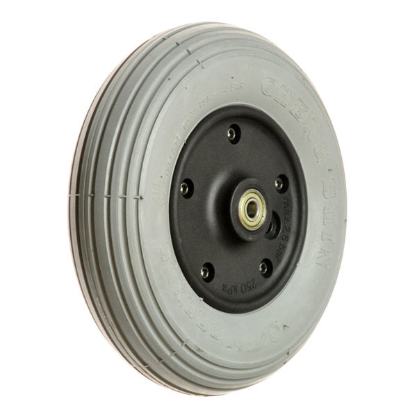 200x50 Foam-Filled Caster Wheel Assembly for Rascal 318PC, featuring a close-up of the black rim and silver circular design. Ideal for front caster replacement, offering affordability and a perfect fit.