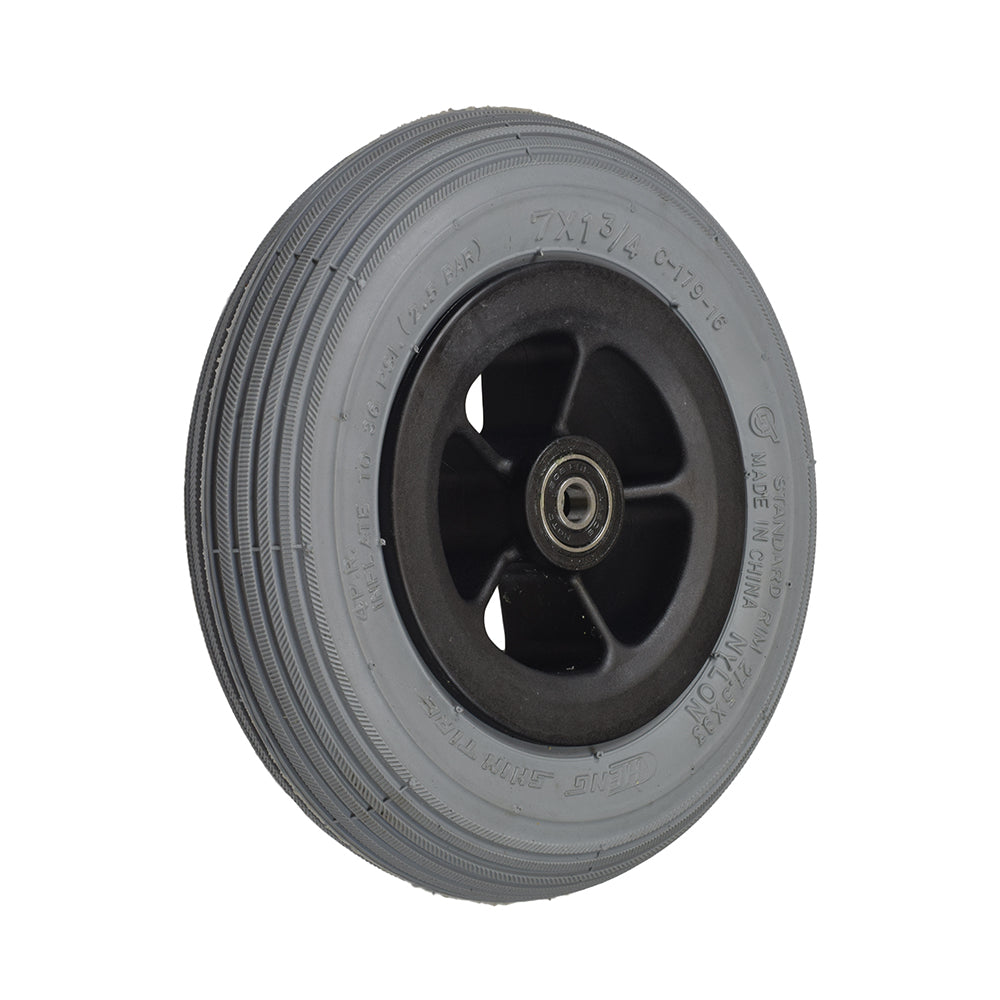 7 x 1-3/4 Front Caster Wheel Assembly for CTM HS-1000, featuring a solid tire with black rim, complete with 608-RS bearings, spacer, and hub, designed for durability and stability in power chairs.