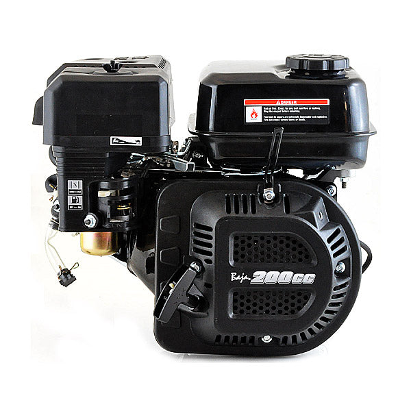 200cc 6.5 Hp Mini Bike Engine for the Baja Mini Bike MB200 (Baja Heat, Mini Baja, Baja Warrior). Close-up of a compact black engine with a red and white label.