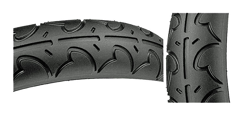 Close-up of a 200x50 (8x2) black scooter tire with K909 tread, showcasing the detailed heart pattern design on the rubber surface.