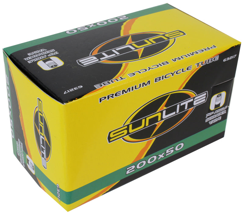 200x50 Bicycle Inner Tube with Angled Valve in branded packaging, featuring clear text and labels.