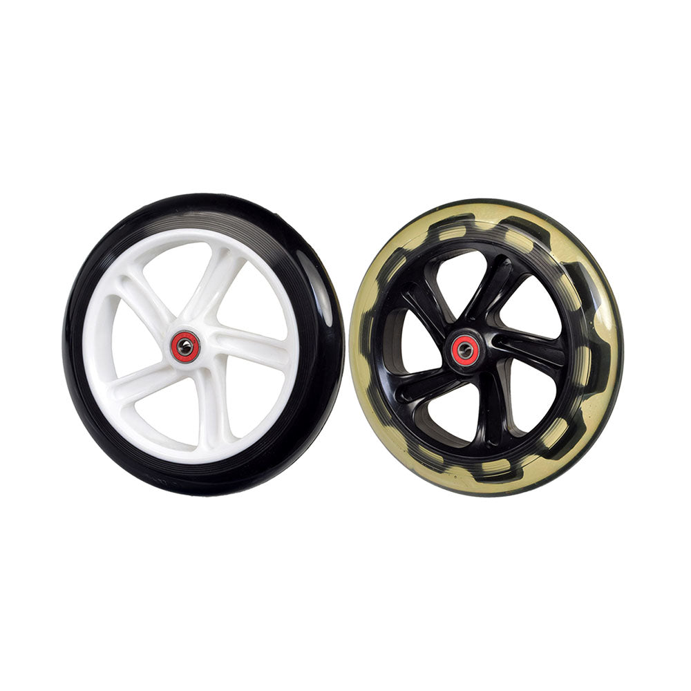 205 mm Kick Scooter Caster Wheel with Bearings, featuring a close-up view of the black and white wheel. Suitable for various European brands like Vokul and Hudora, it includes pre-installed 608 size bearings.