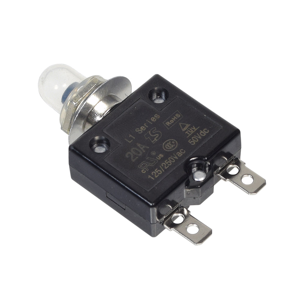 20 Amp (20A) 50VDC 125/250VAC Push-Button Reset Circuit Breaker with Metal Threaded Collar, black and silver, featuring a clear plastic boot cover, ideal for electric scooters and mobility devices.