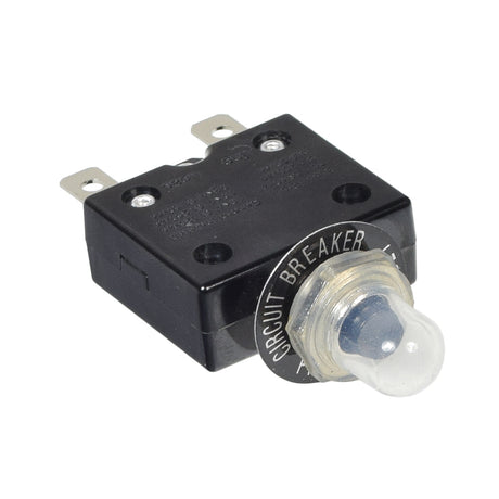 20 Amp (20A) 50VDC 125/250VAC Push-Button Reset Circuit Breaker with Metal Threaded Collar, featuring a clear plastic cap and light bulb indicator, ideal for electric scooters and mobility devices.