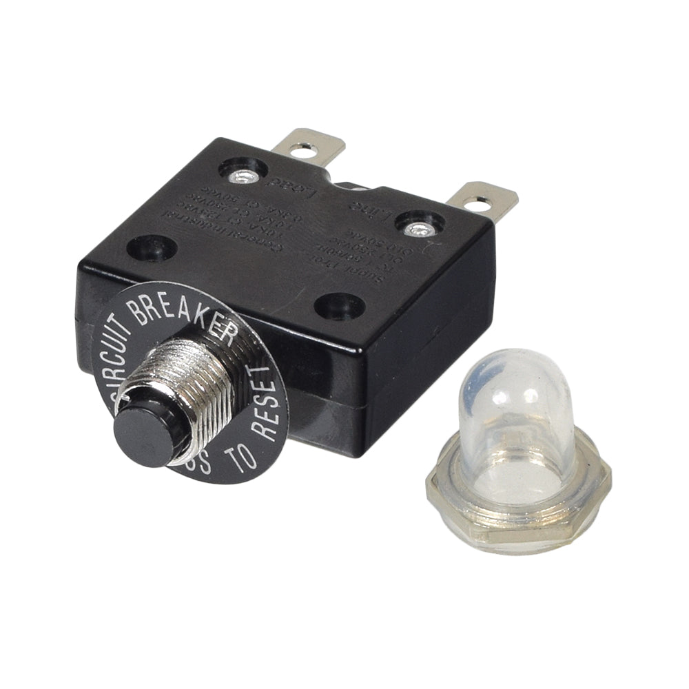 20 Amp (20A) 50VDC 125/250VAC Push-Button Reset Circuit Breaker with Metal Threaded Collar shown with a round button, clear plastic boot cover, and metal base.