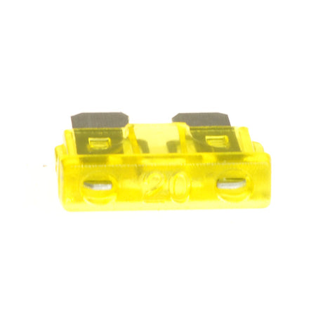 20 Amp ATO Blade Fuse, yellow, shown as a small plastic electrical component essential for automotive circuits.