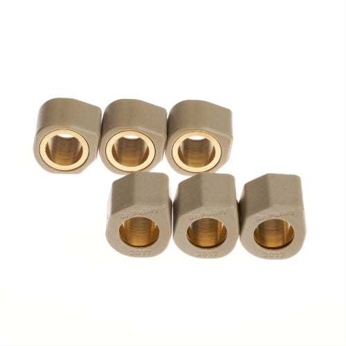 20 Gram 20x15 Sliding Roller Weight pack of six plastic connectors with gold holes, designed for scooter CVTs, shown in close-up arrangement.