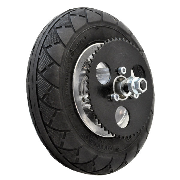 Innova 200x50 Solid No-Flat Rear Wheel Assembly for GT, IZIP, Mongoose, and Schwinn electric scooters, featuring a metal wheel with solid tire, band brake, chain sprocket, and complete axle assembly.