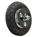 Innova 200x50 Solid No-Flat Rear Wheel Assembly for GT, IZIP, Mongoose, and Schwinn electric scooters, featuring a metal wheel with solid tire, band brake, chain sprocket, and complete axle assembly.