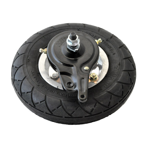 Innova 200x50 Solid No-Flat Rear Wheel Assembly for GT, IZIP, Mongoose, and Schwinn electric scooters, featuring a close-up of the black tire, metal rim, chain sprocket, and axle components.