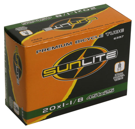 20x1-1/8 Bicycle Inner Tube with 32mm Presta Valve from Sunlite, packaged in a labeled box. The image highlights the product's branding and packaging prominently.