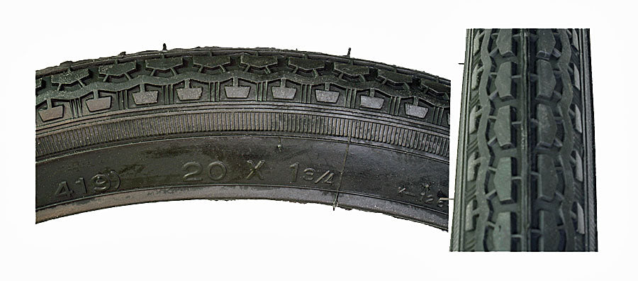 Close-up of the tread pattern on a 20x1-3/4 Black Street S-7 Bicycle Tire from Sunlite, highlighting its intricate design and durable construction.