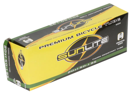 20x1.50-1.95 Heavy Duty Thorn Resistant Bicycle Inner Tube with Straight Schrader Valve, packaged in a yellow and black box with bold black text, highlighting Sunlite's branding and labeling.