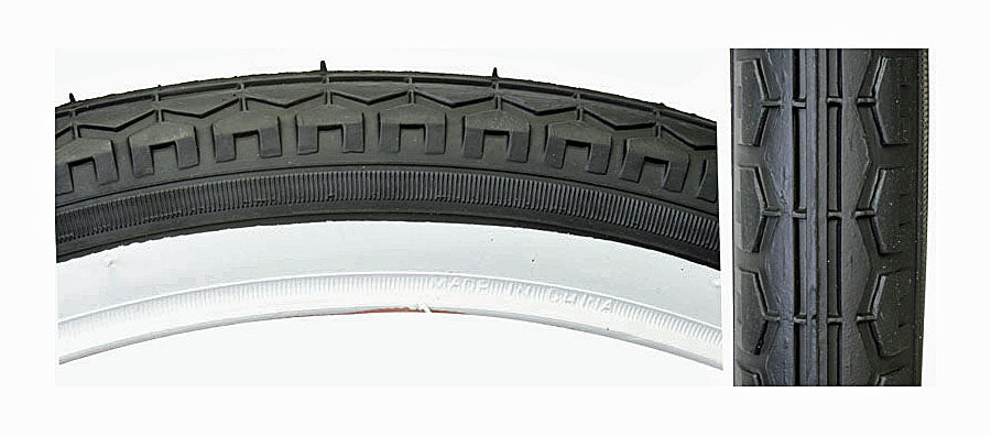 Close-up of a 20x1.75 Street Bicycle Tire by Sunlite, showcasing the detailed tread pattern and synthetic rubber material.