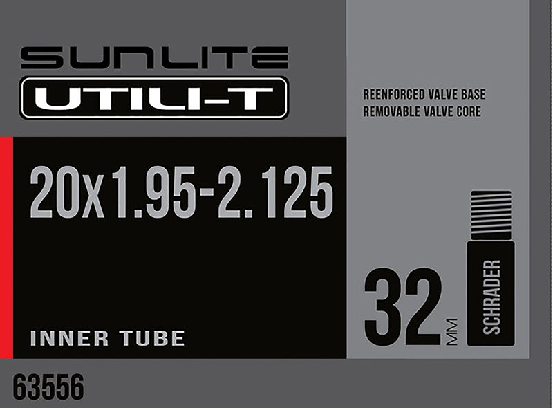 20x1.95-2.125 Bicycle Inner Tube with Schrader Valve, featuring a black and grey label with text and a black rectangular sign with white text.