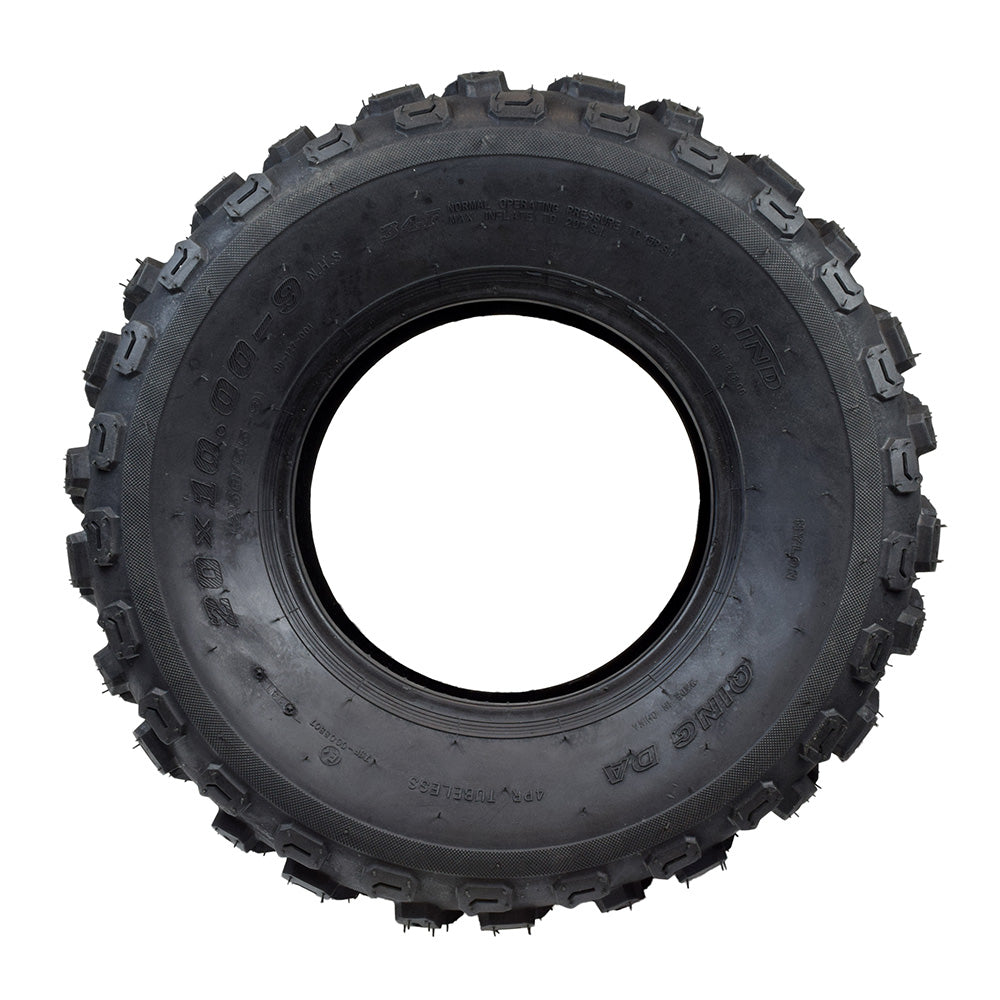 Set of Two 20x10.00-9 (250/55-9) ATV & Go-Kart Tires featuring black rubber with knobby tread pattern, ideal for off-road performance and versatile use on quad ATVs, ride-on lawnmowers, and garden tractors.