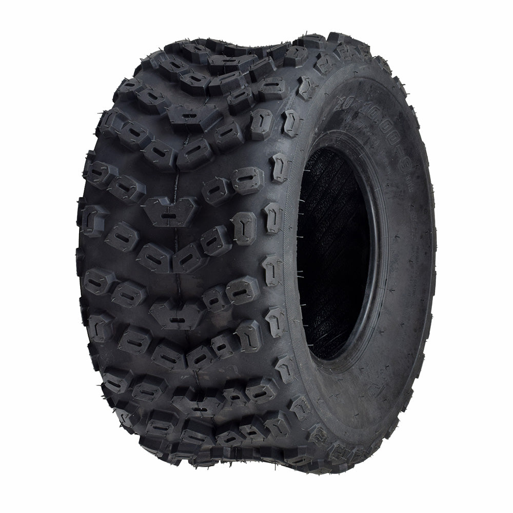 Set of Two 20x10.00-9 (250/55-9) ATV & Go-Kart Tires featuring robust black rubber tread and black rims designed for excellent off-road performance on ATVs, go-karts, lawnmowers, and garden tractors.