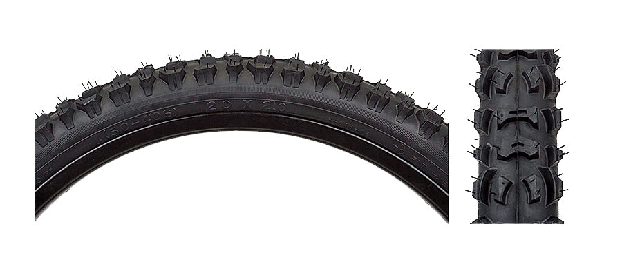 Close-up of a 20x2.0 Black Smoke MTB Bicycle Tire from Sunlite, featuring prominent spikes for enhanced traction.