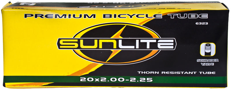 Yellow and black box displaying the logo and text for the 20x2.00-2.25 Heavy Duty Thorn Resistant Bicycle Inner Tube with Straight Schrader Valve from Sunlite.