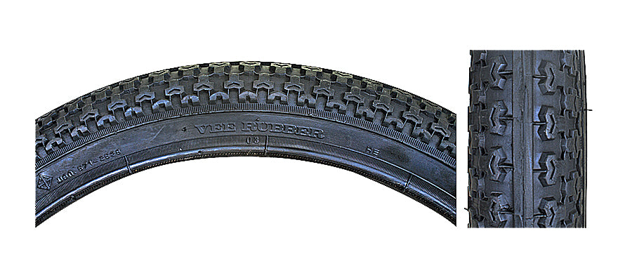 20x2.125 Black MTB V34 Bicycle Tire - close-up view highlighting the tire's tread pattern and robust construction, ideal for mountain biking.